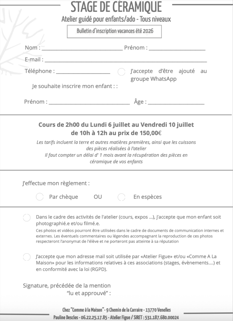 formulaire stage enfants